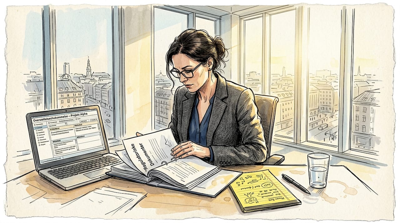 En specialist i oversættelse gennemgår regulatoriske dokumenter ved sit skrivebord på kontoret.