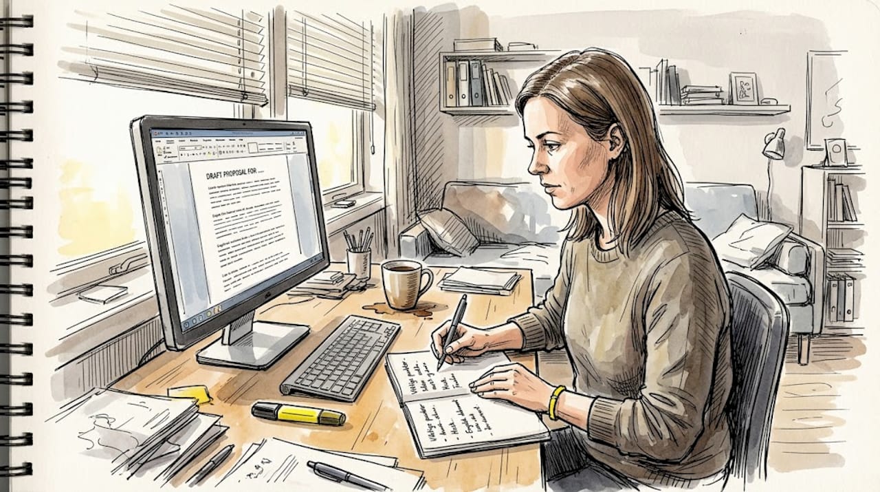 En kvinne sitter hjemme ved skrivebordet og oversetter dokumenter.