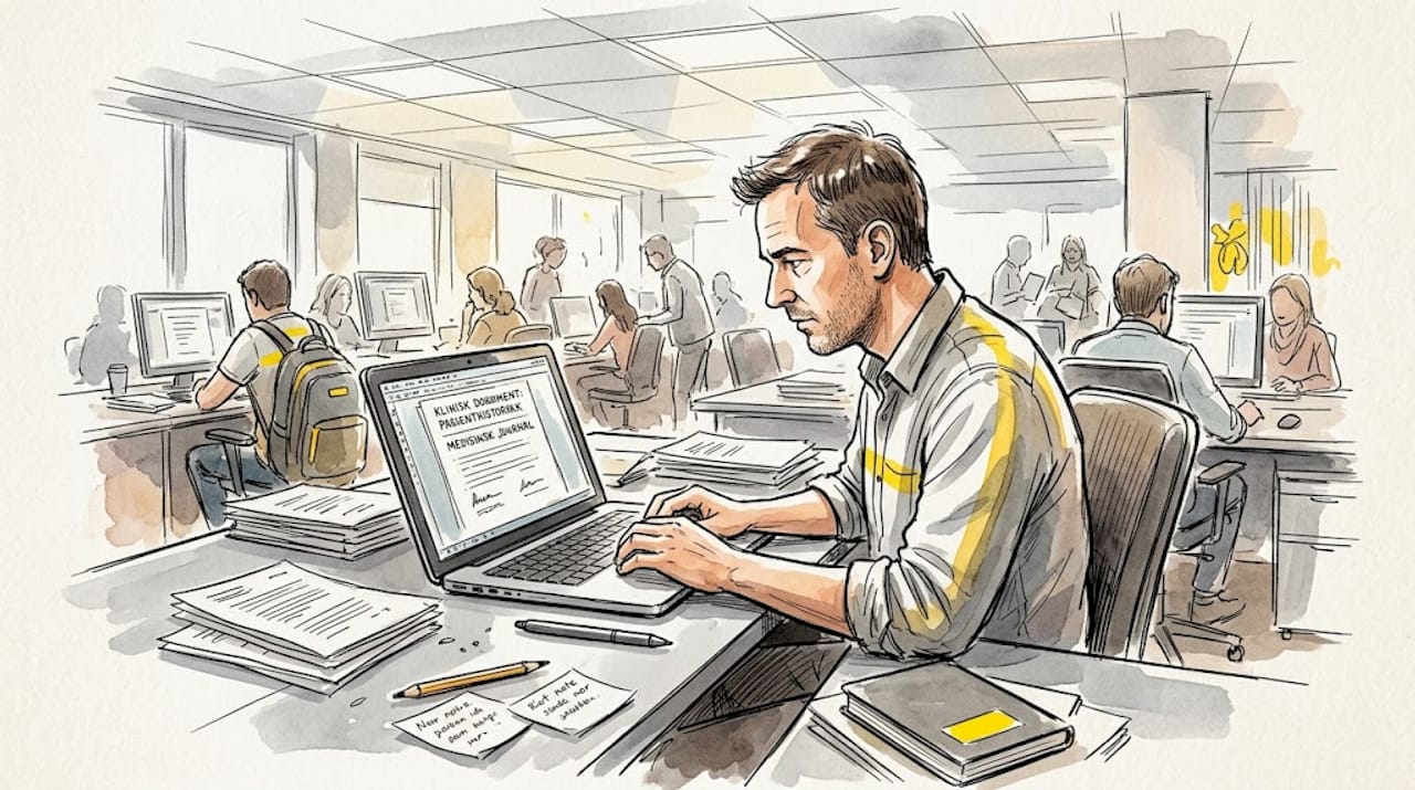 En mann ser nøye gjennom et medisinsk dokument på kontoret.