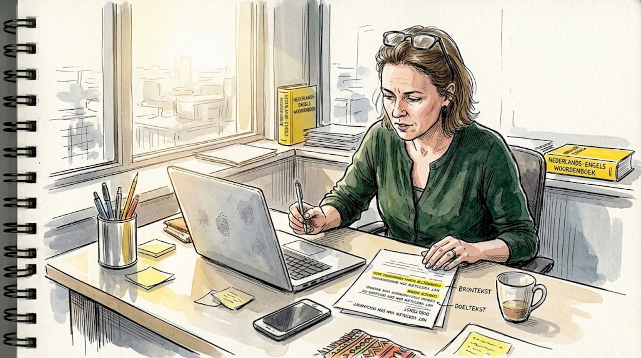 In een lichte kantoorruimte buigt een vertaler zich geconcentreerd over stapels documenten.