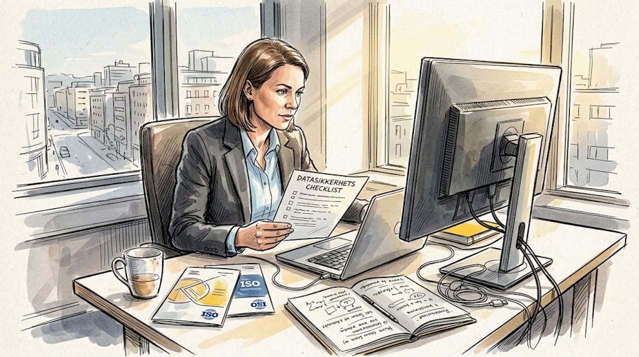 Leder går gjennom sjekkliste for etterlevelse på kontoret