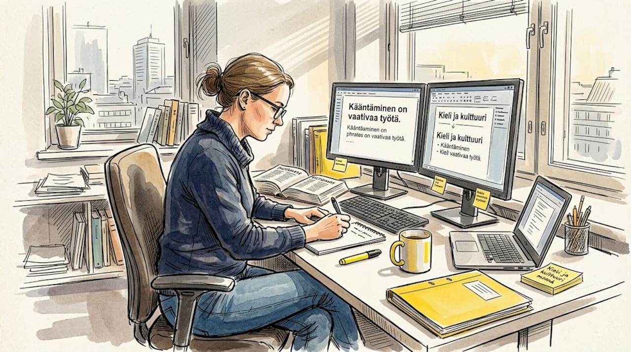 Kääntäjä tarkistaa sanastoa valoisassa toimistossa.