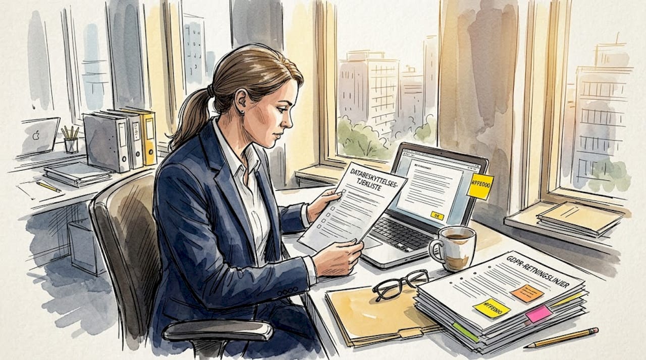 En compliance-ansvarlig gennemgår GDPR-tjeklisten ved sit skrivebord