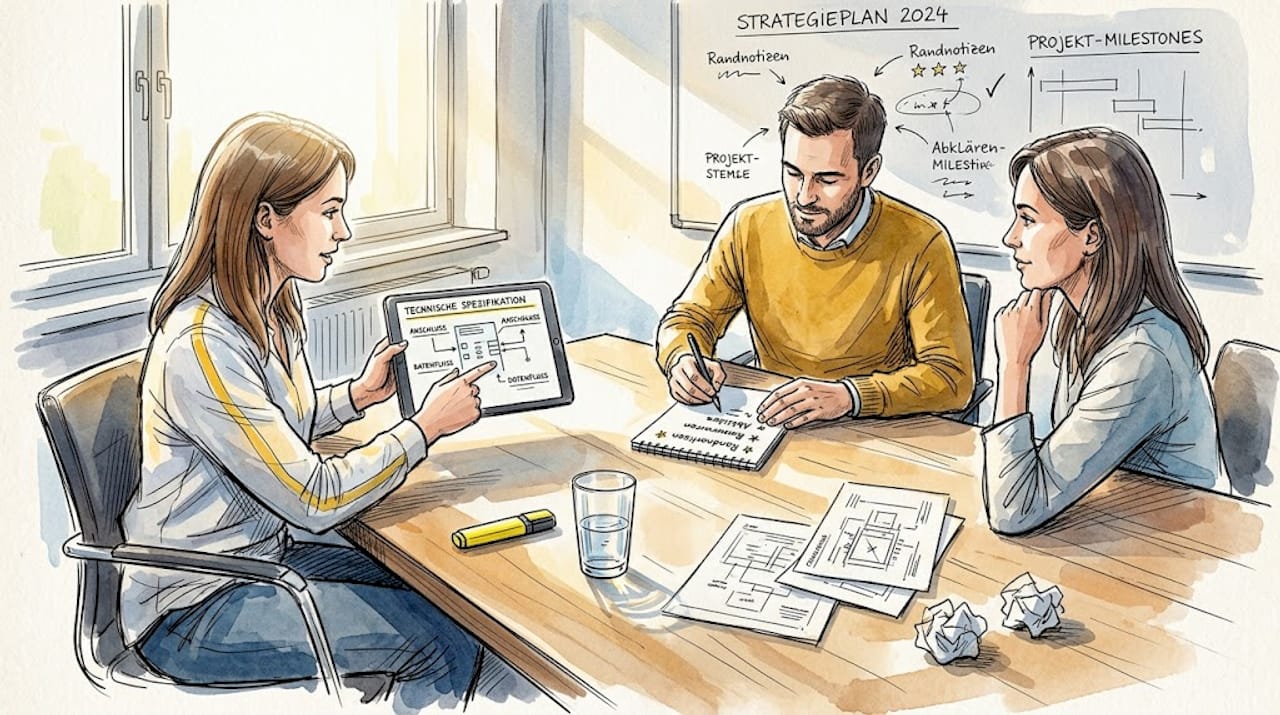 Das Team tauscht sich über Abläufe bei technischen Übersetzungen aus.