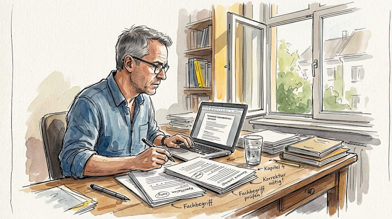 Am Schreibtisch nimmt sich der Übersetzer technische Unterlagen genau vor und prüft sie sorgfältig.