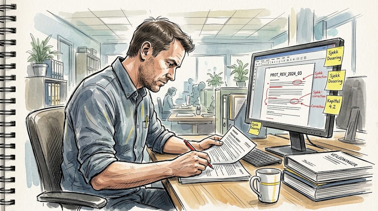 Kontoransatt med ansvar for korrekturlesing av medisinske dokumenter