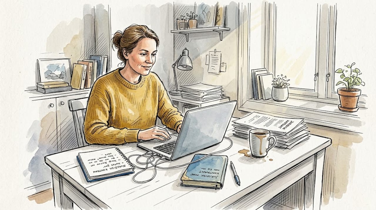 En oversetter sitter på hjemmekontor og går gjennom dokumenter.