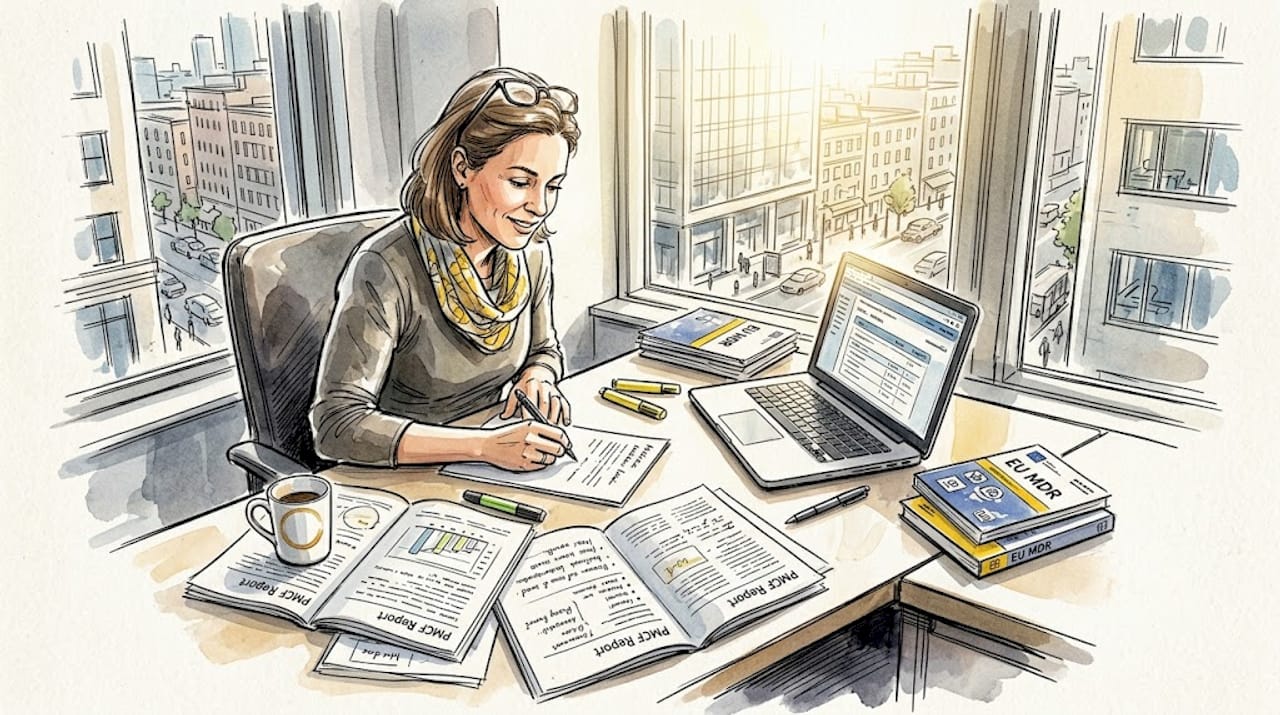 Regulatory specialist reviewing bilingual PMCF documents