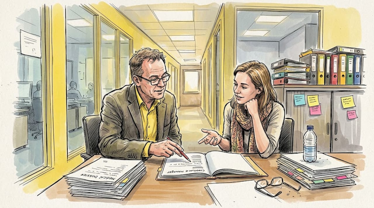 De manager bespreekt de naleving van de benodigde documenten.