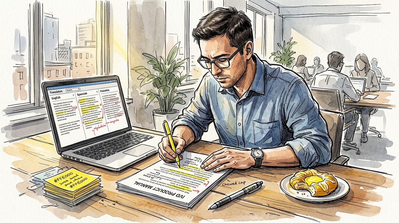 Manager reviews translated IVD manual at table