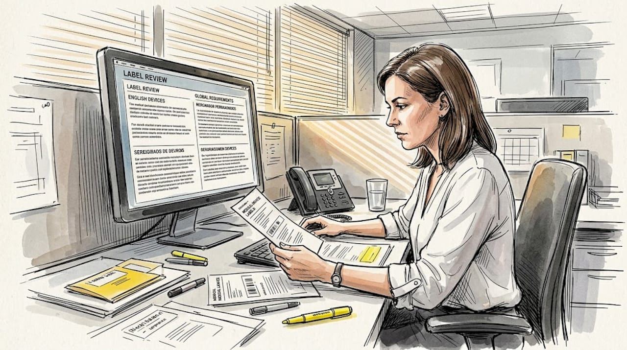 Specialist reviews medical device label at desk