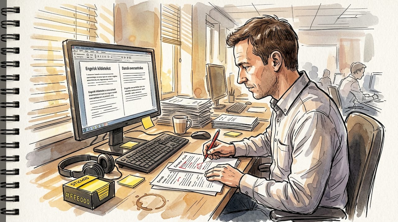 Oversætteren gennemgår dokumentet for at sikre, at kvaliteten er i top.