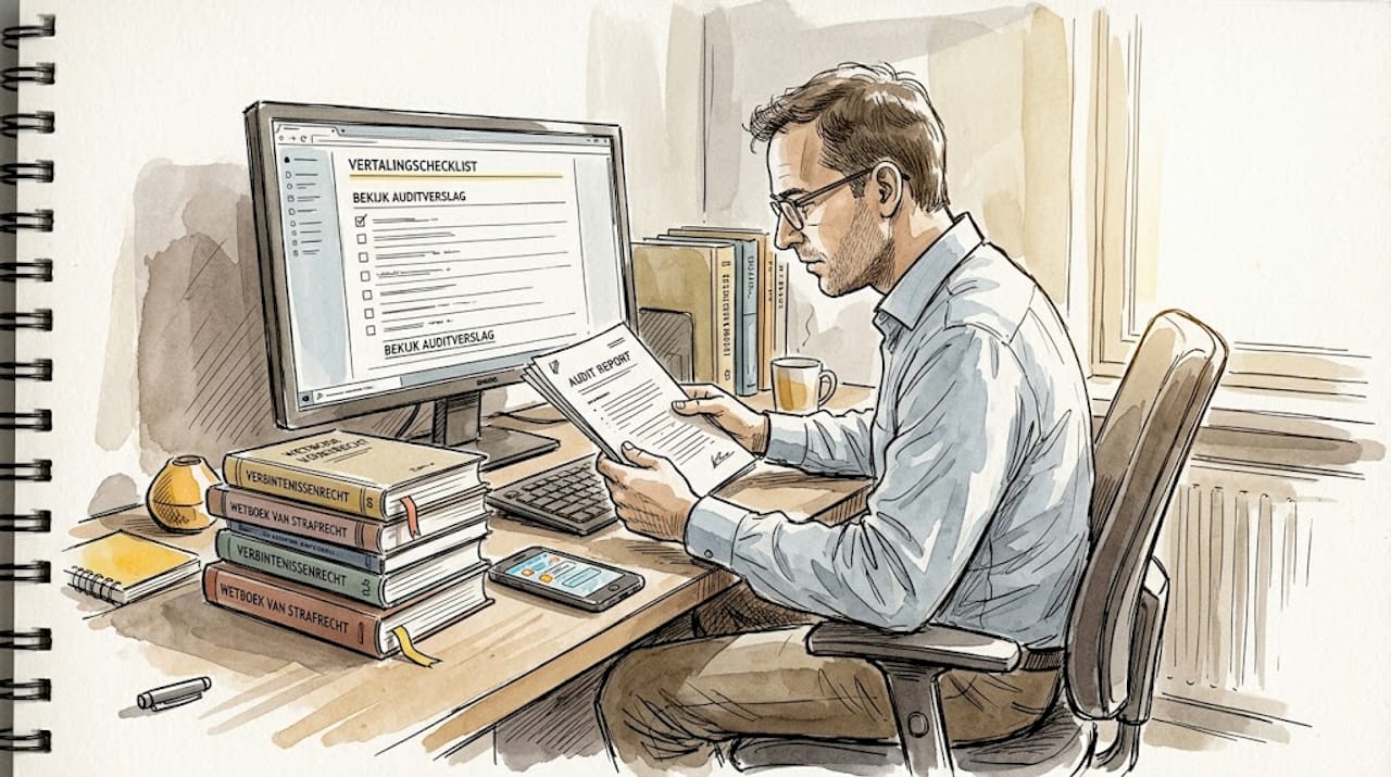 Een juridisch vertaler neemt het auditrapport rustig thuis door