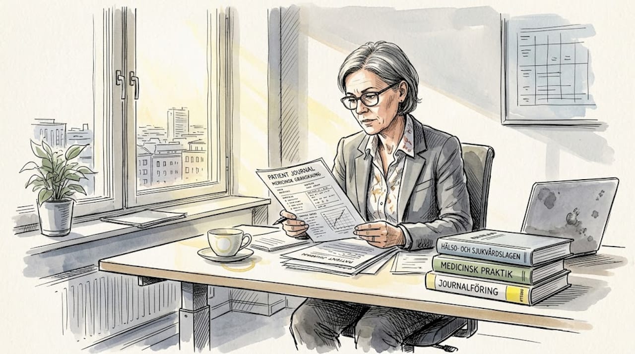 En språkkunnig expert går igenom handlingar på kontoret.