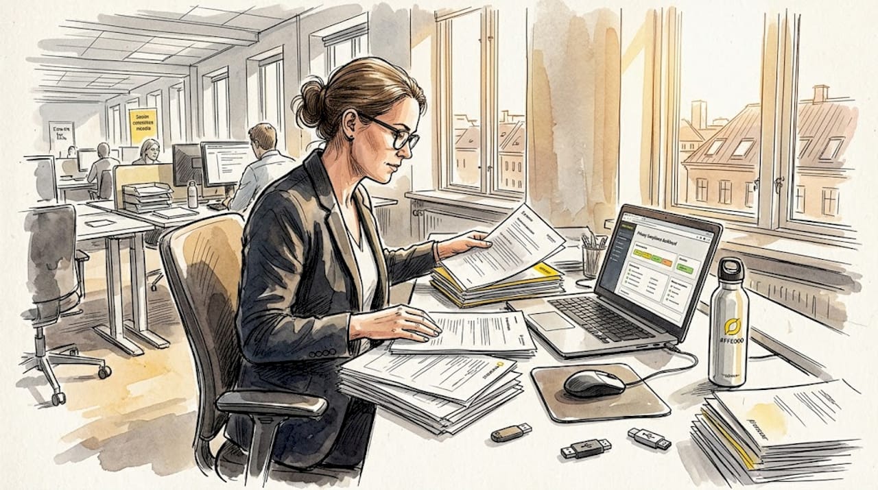 En kvinde sidder i et lyst kontor og får styr på de tekniske dokumenter.
