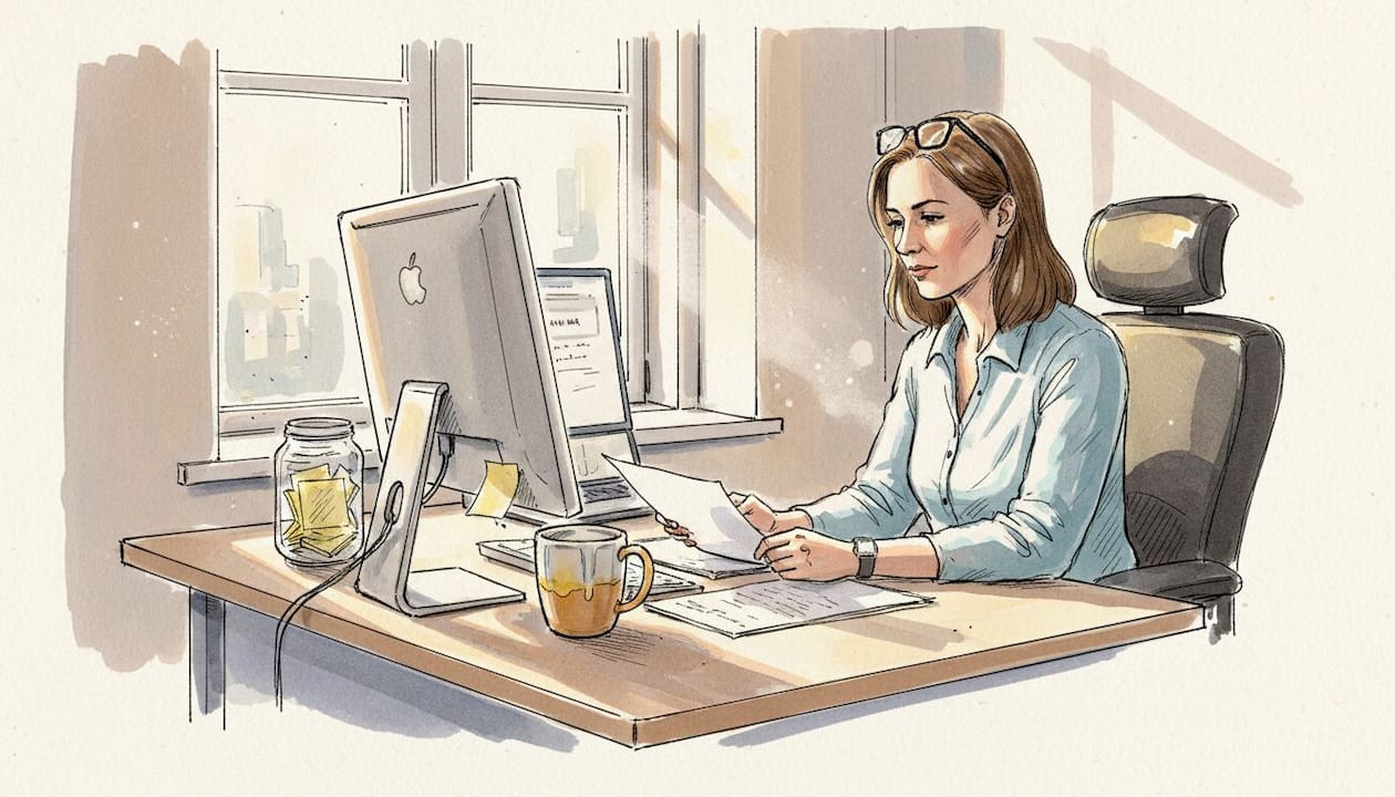 En sprogekspert gennemgår et dokument for fejl på kontoret.