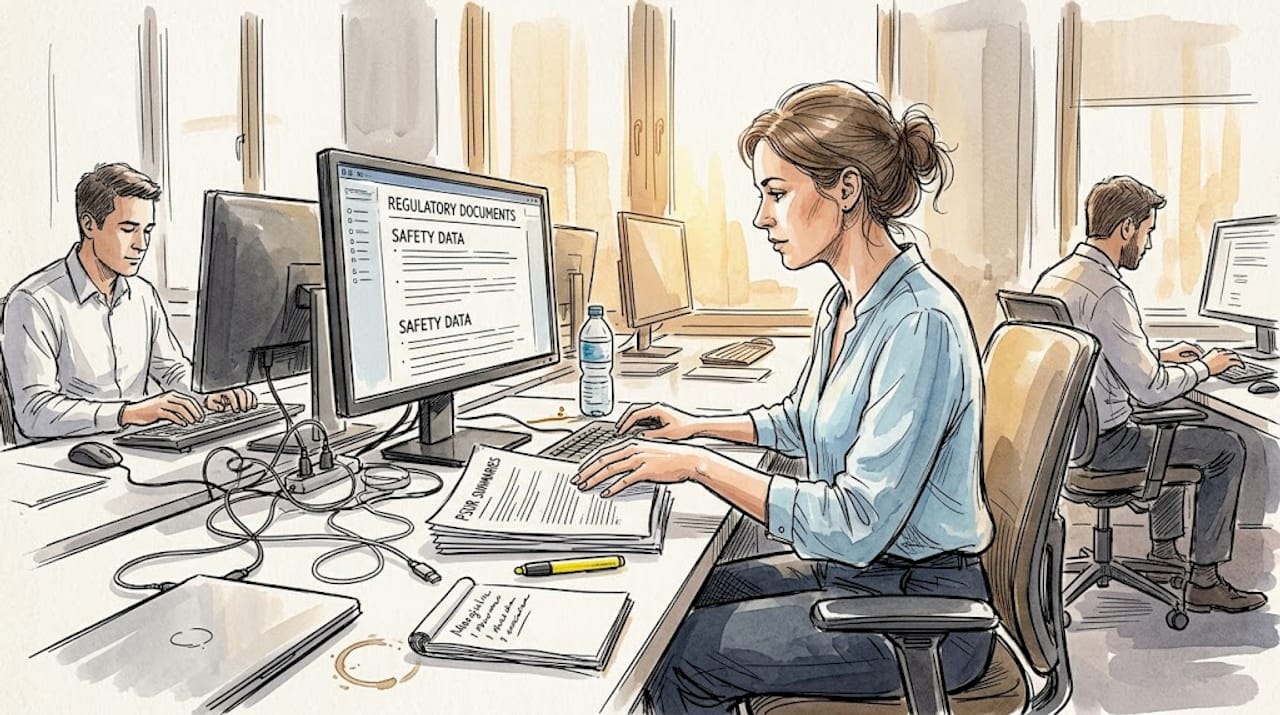 Professional reviewing regulatory translation documents in office