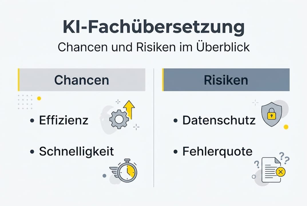 Infografik: Chancen und Risiken von KI in der Fachübersetzung auf einen Blick