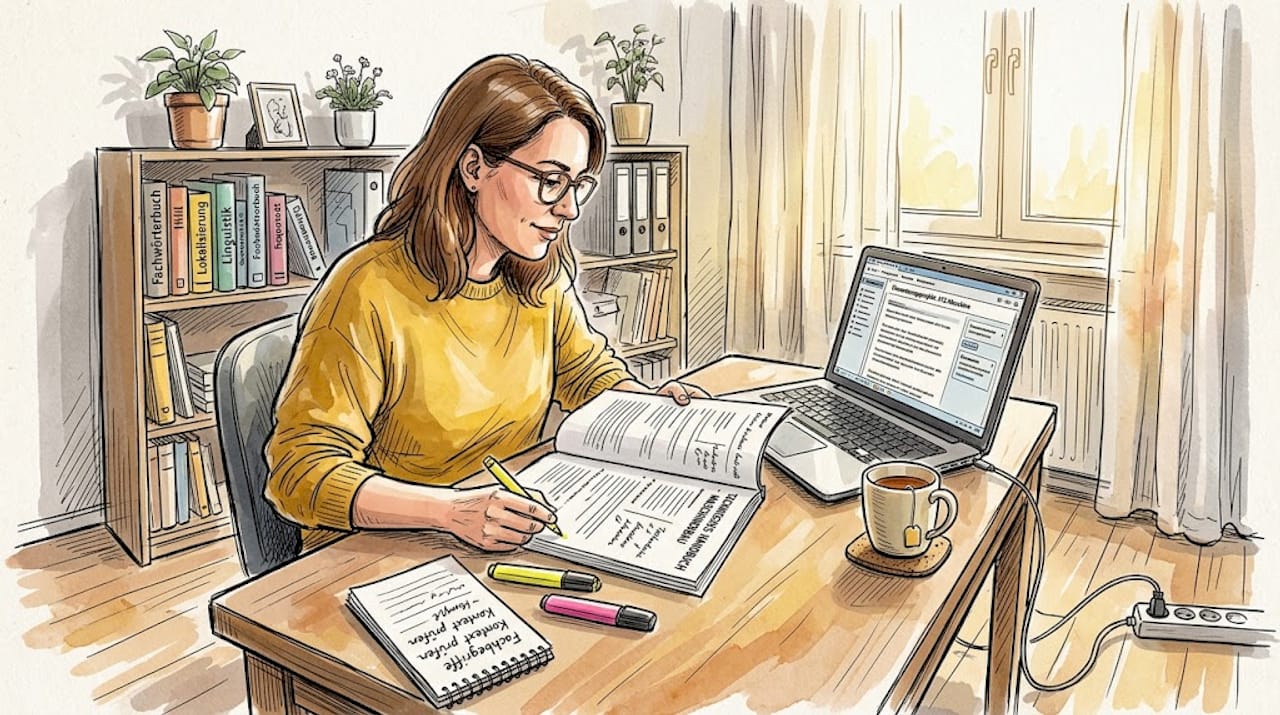 Als Übersetzerin arbeite ich in meinem Homeoffice an einem Holzschreibtisch und genieße die ruhige Atmosphäre beim Arbeiten.