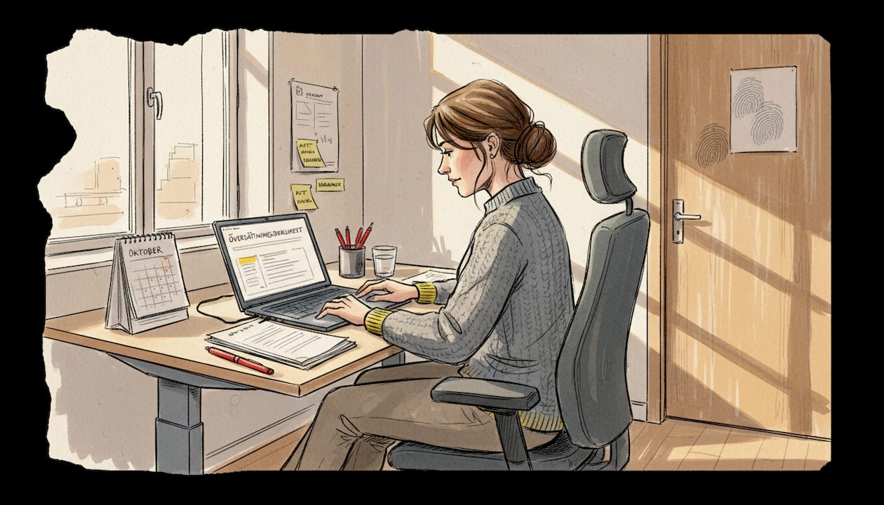 En projektledare går igenom översättningsmaterialet på sitt kontor.