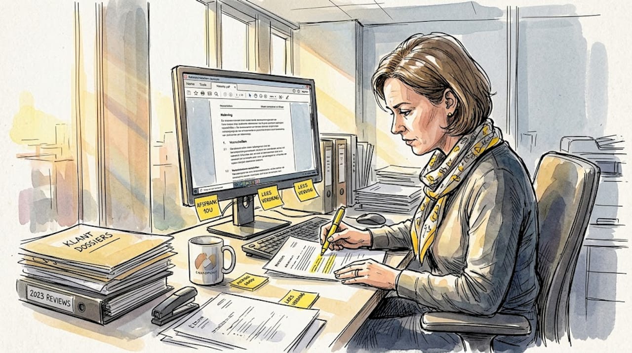Een compliance officer buigt zich over een vertaling aan zijn bureau.