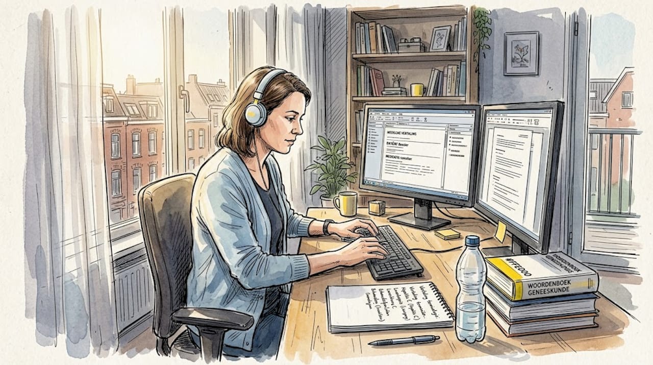 Een medisch vertaler verdiept zich achter zijn bureau in vakliteratuur en naslagwerken.
