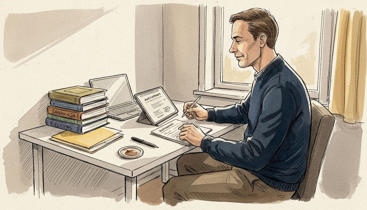 Kääntäjä tarkistaa pätevyystodistuksia kotonaan