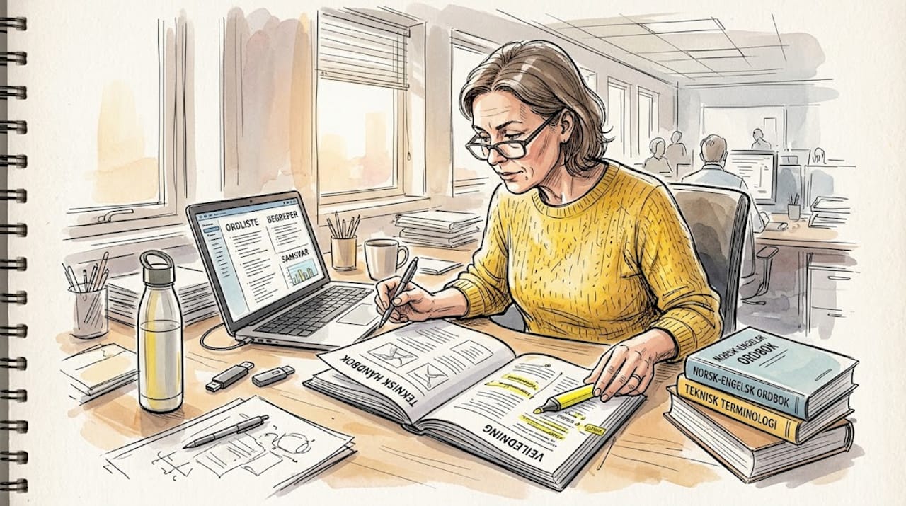 En fagperson går nøye gjennom teknisk dokumentasjon for å sikre at informasjonen er korrekt og presis.