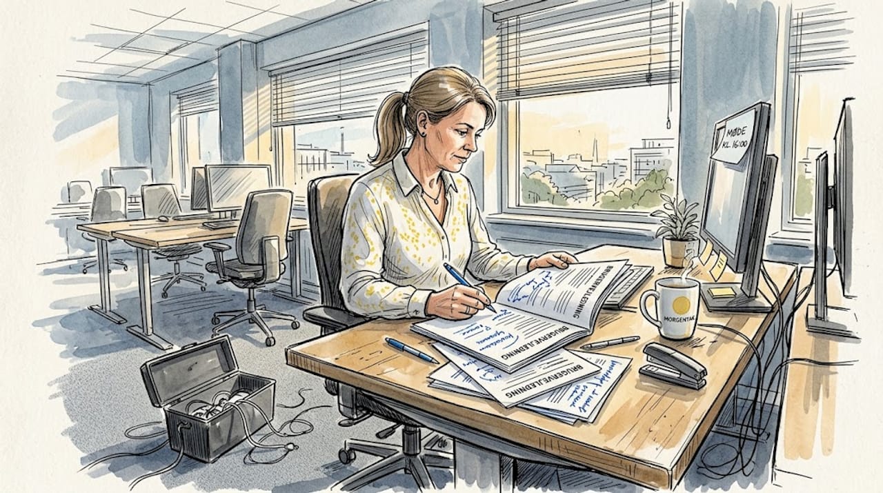 En medarbejder sidder ved skrivebordet og retter i et udskrevet dokument.