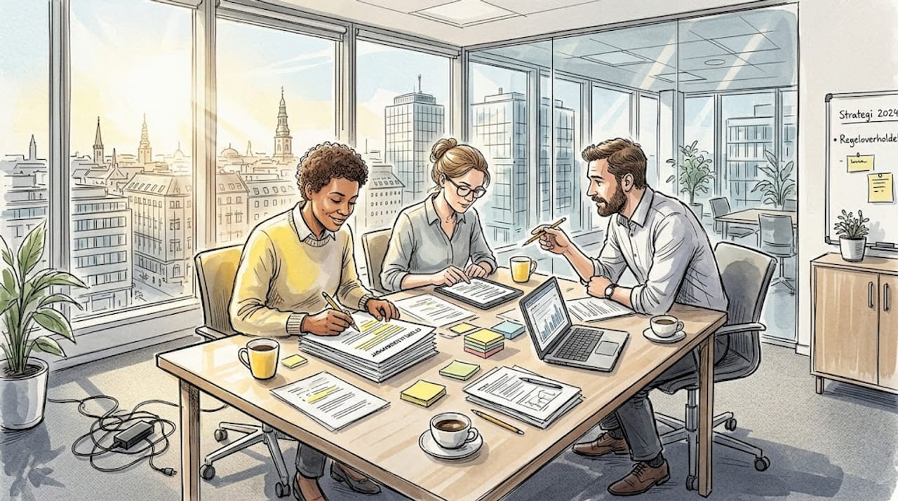 Hele teamet gennemgår sammen de relevante compliance-dokumenter for at sikre, at alt er på plads.