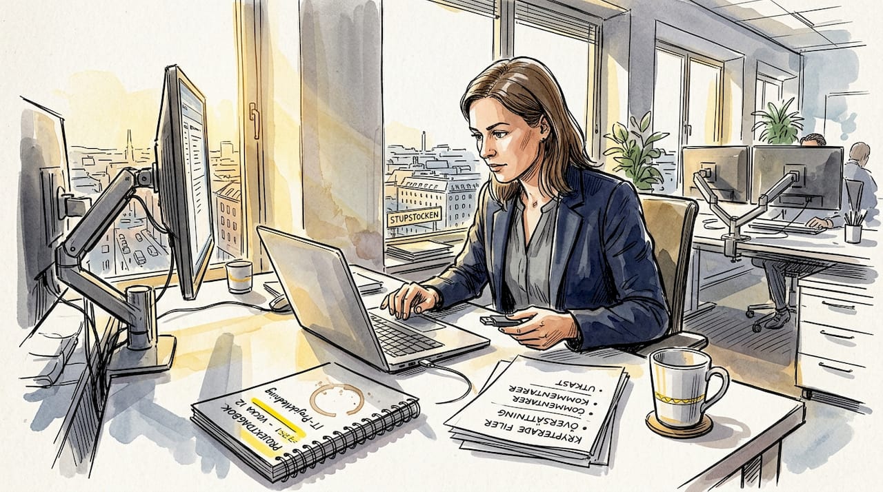 IT-chefen ser till att översättningsfilerna förvaras säkert på kontoret.