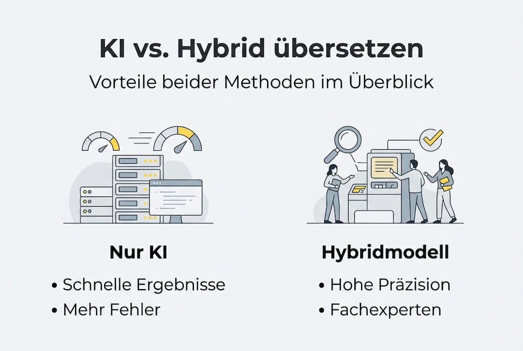Infografik: KI-Übersetzung vs. Hybrid-Übersetzung im direkten Vergleich