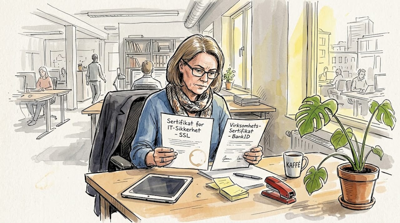 En ansatt sitter ved pulten og sammenligner sikkerhetssertifikater.