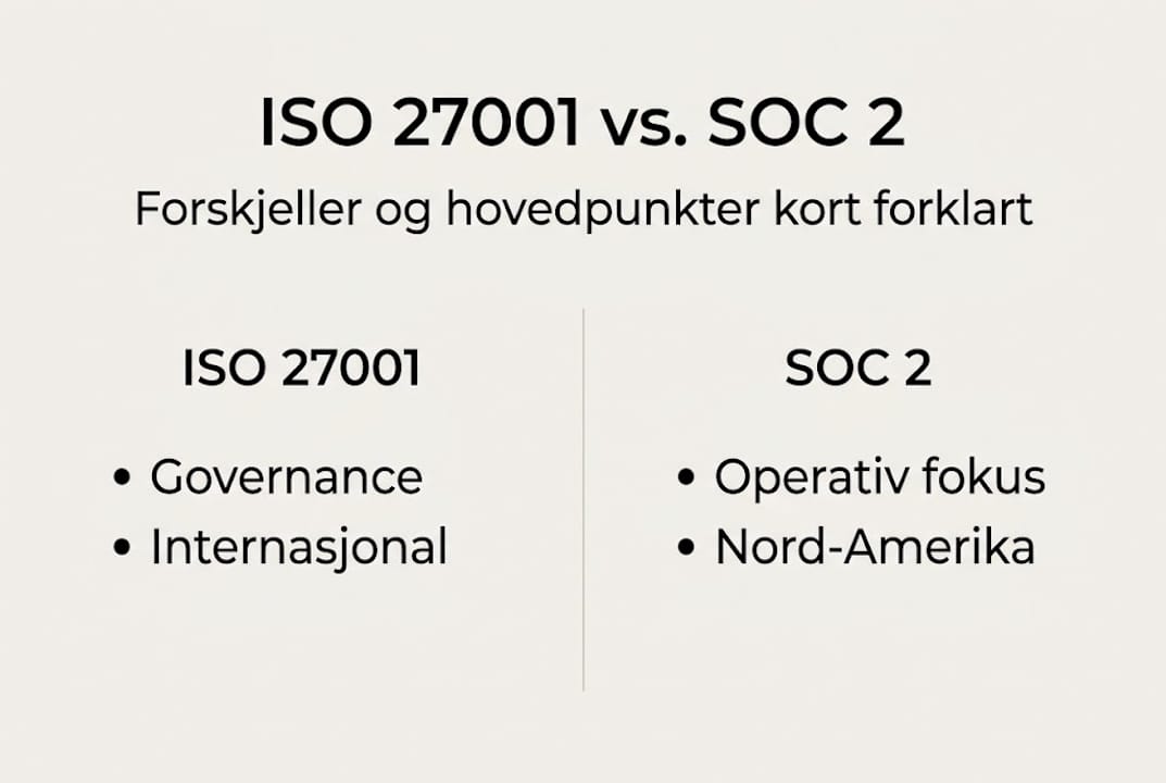 Illustrasjon som sammenligner ISO 27001 og SOC 2 – hva er forskjellene og likhetene mellom disse sikkerhetsstandardene?