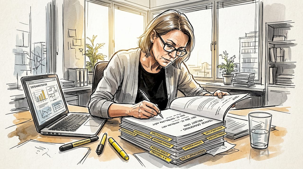 En kvinna sitter på sitt kontor och går igenom tekniska dokument.