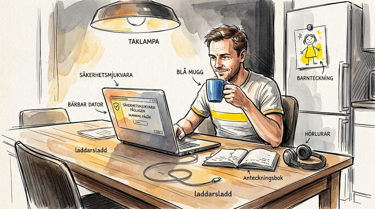 Jag jobbar hemifrån med datasäkerhet och översättning.