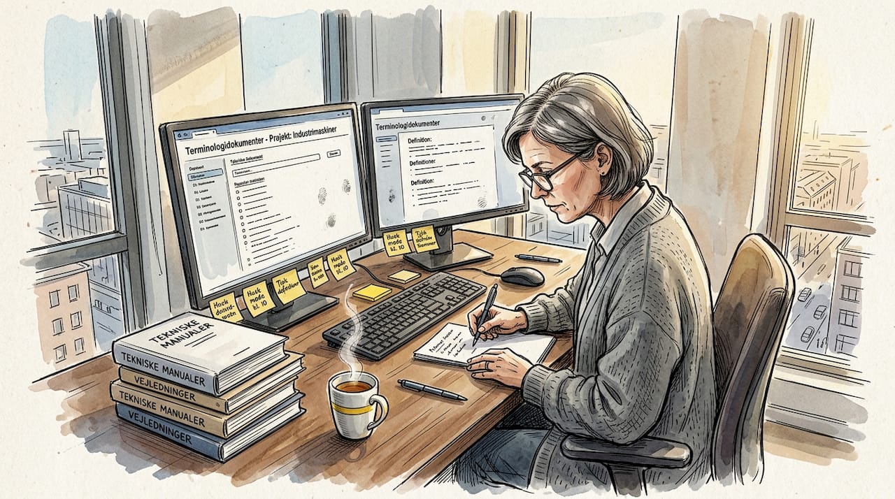 Terminologiansvarlig sidder ved skrivebordet og gennemgår dokumenter