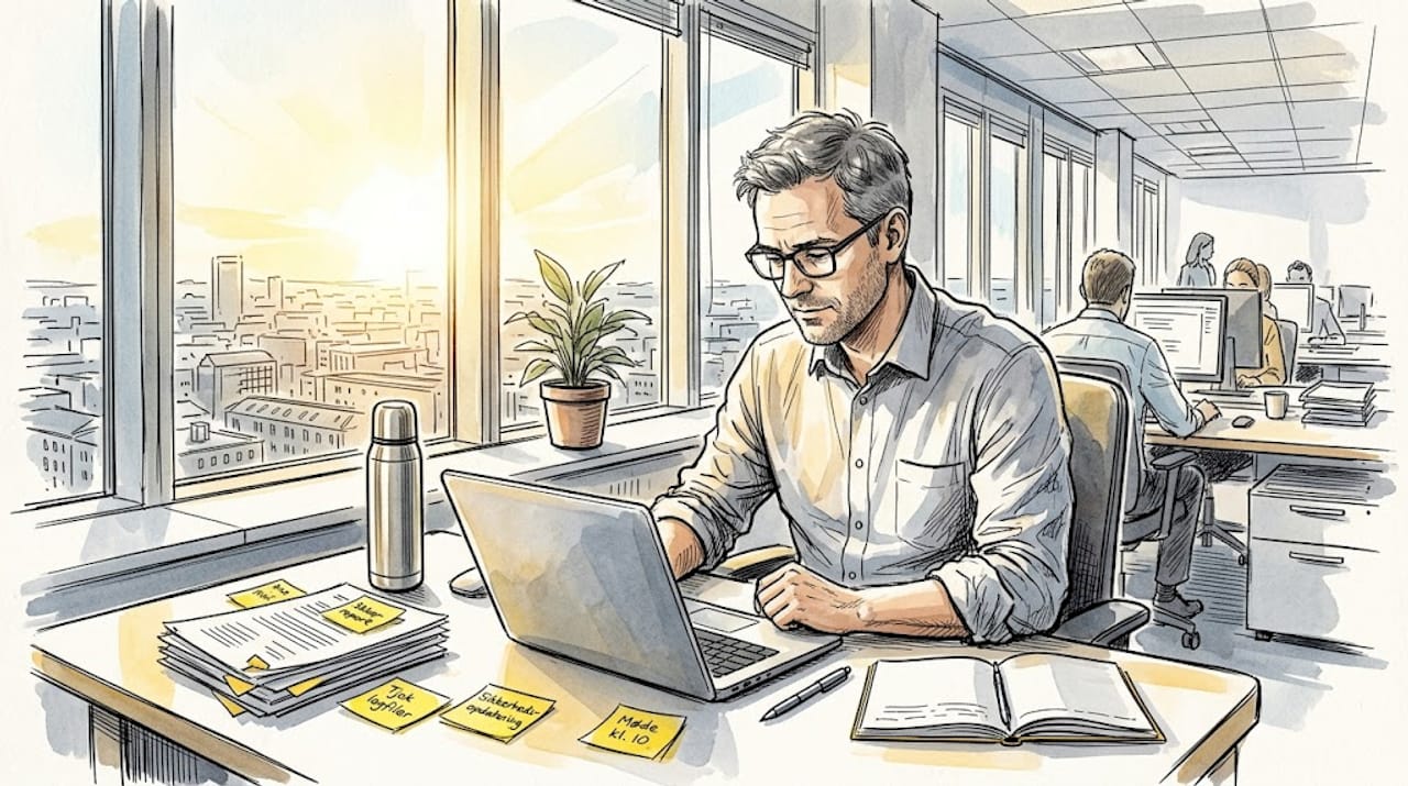 En it-sikkerhedsekspert sidder ved sit skrivebord og arbejder koncentreret.