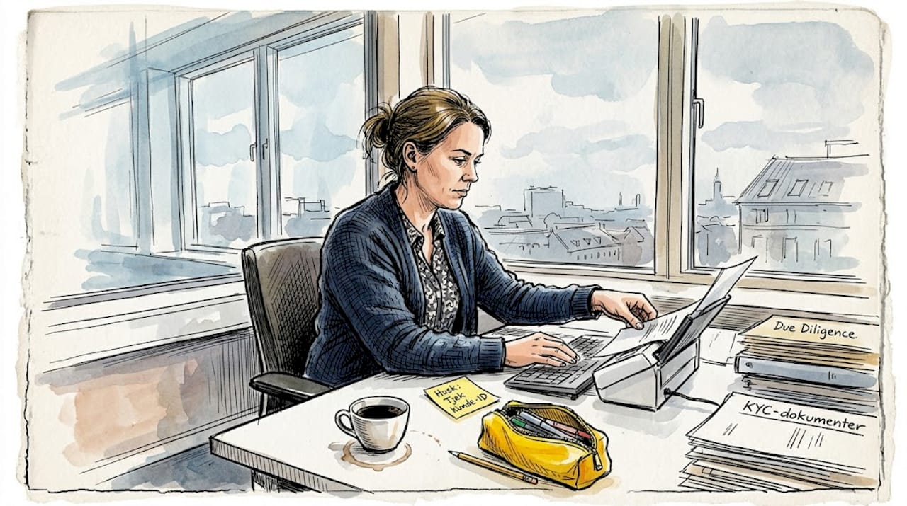 En compliance-medarbejder gennemgår og scanner bankdokumenter som en del af den daglige kontrol.