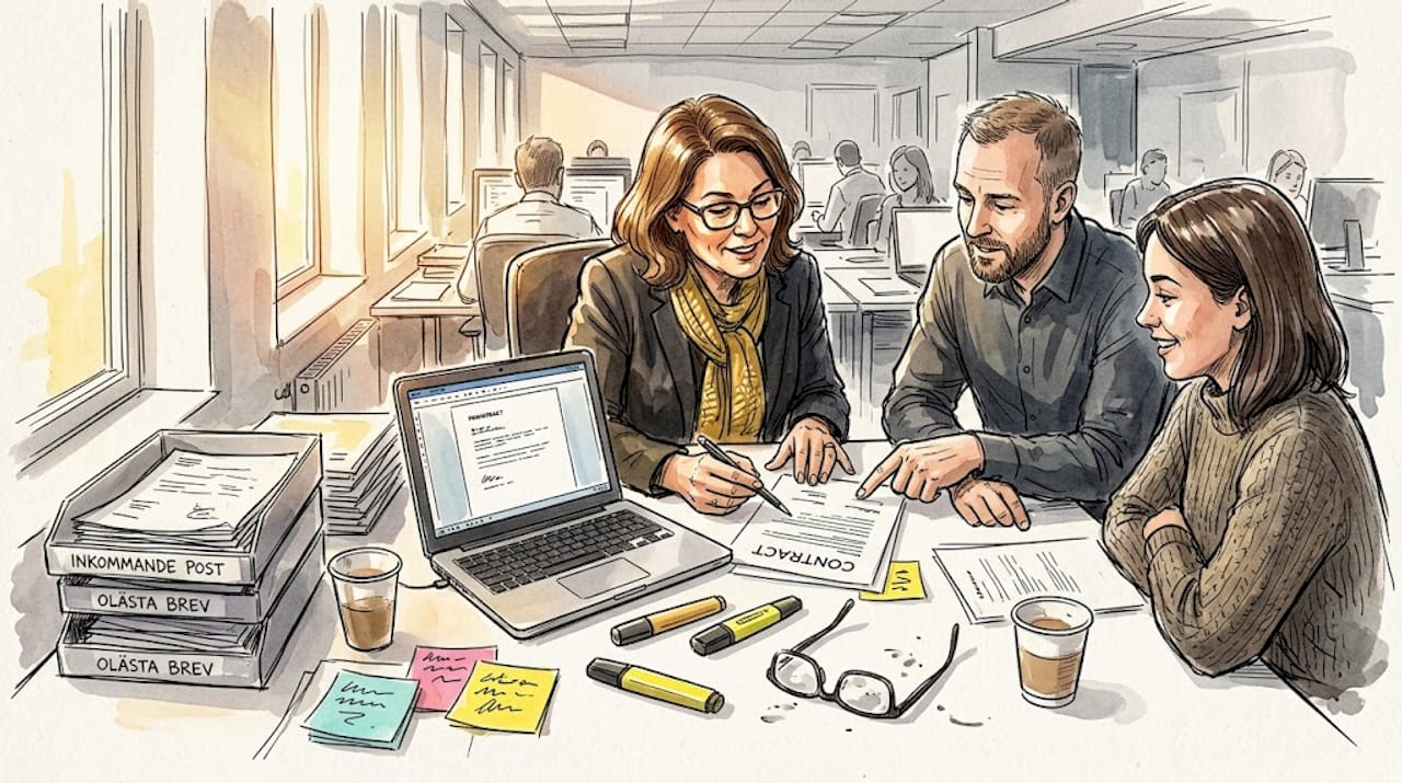 En juridisk expert går igenom kontraktsvillkor tillsammans med kollegor på kontoret.