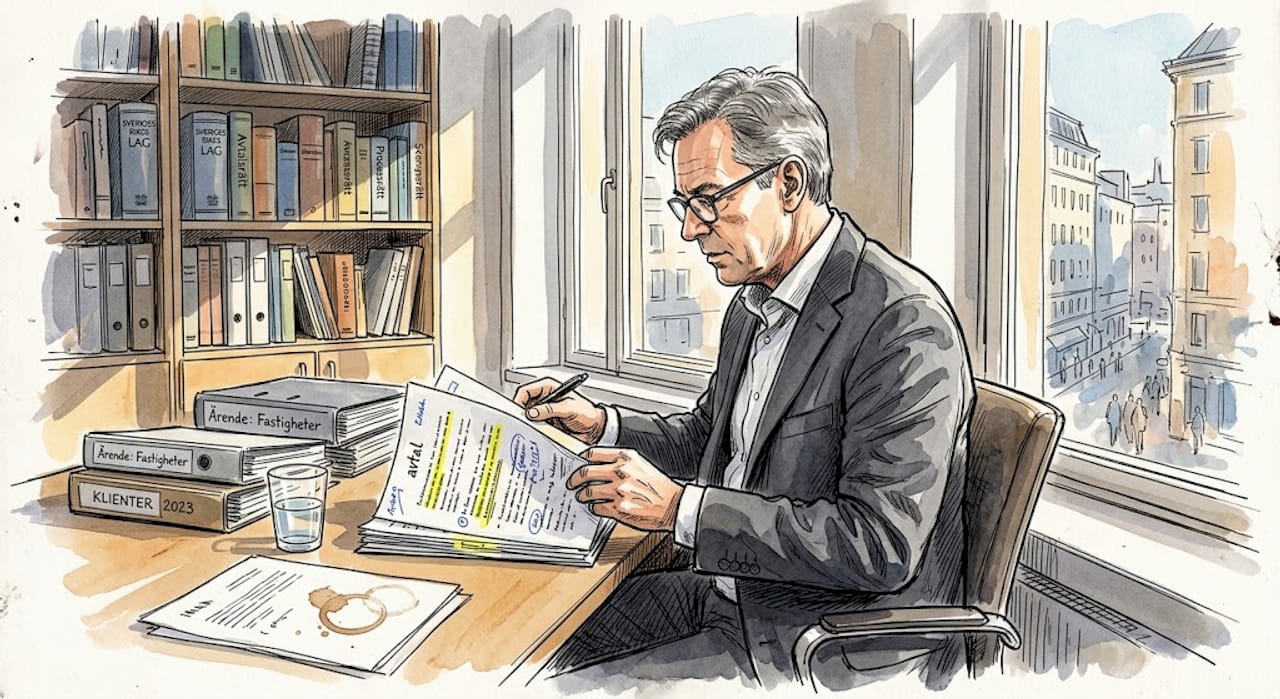 En jurist går noggrant igenom ett avtal vid sitt skrivbord.