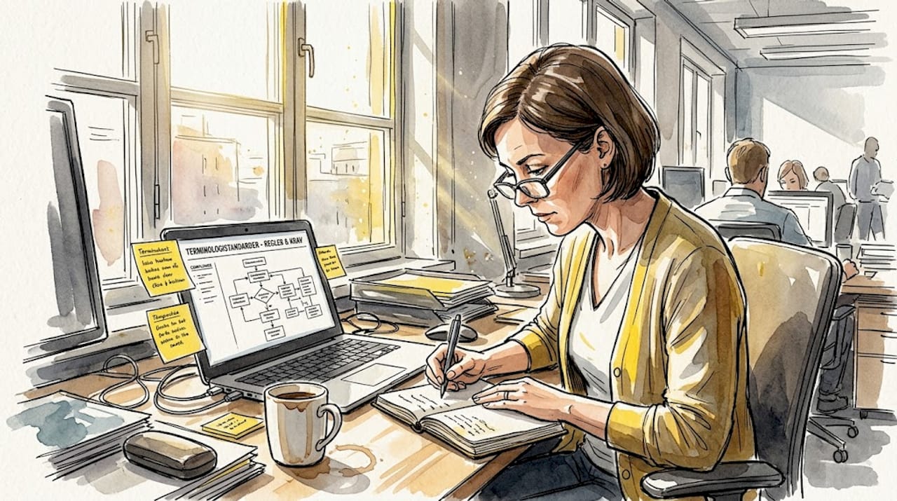 En compliance-specialist tager et grundigt kig på håndtering af terminologi på kontoret.