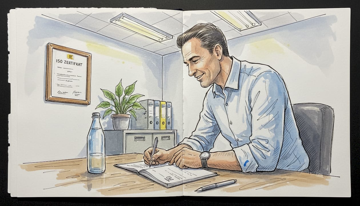 Im Büro überprüft der Projektleiter ein Zertifikat.