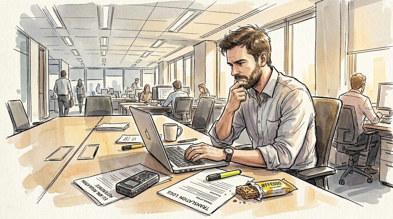 Financial analyst cross-referencing papers at desk