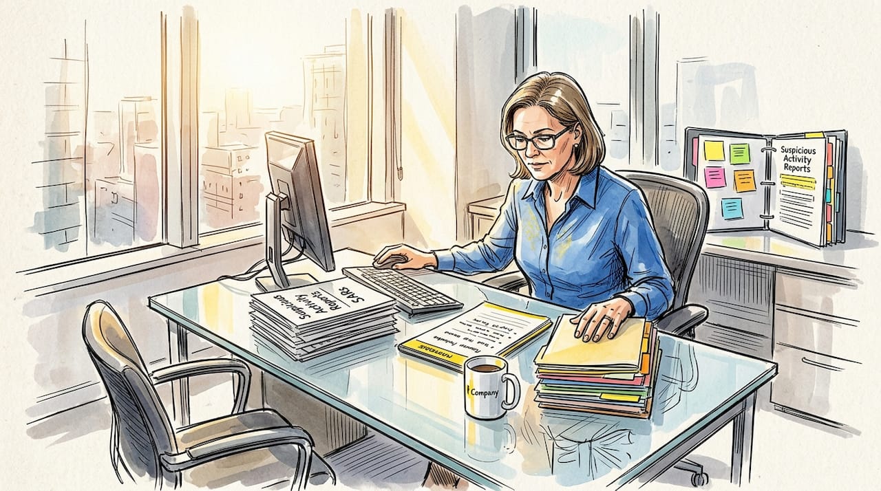 Compliance officer reviewing SAR documents in office