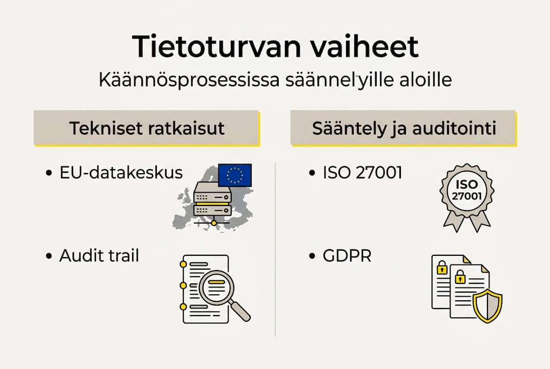 Kuvallinen katsaus käännösprosessin tietoturvan eri vaiheisiin