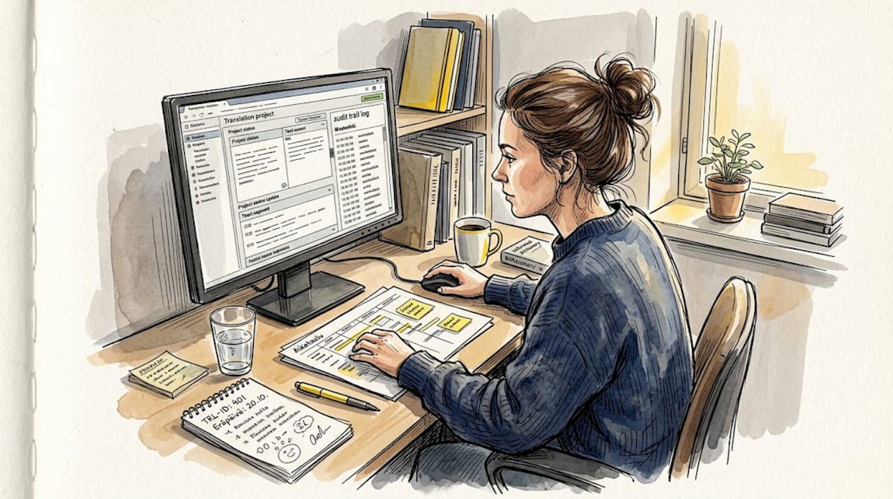 Kääntäjä tarkistaa kotitoimistossaan työnsä tarkistusjäljen.