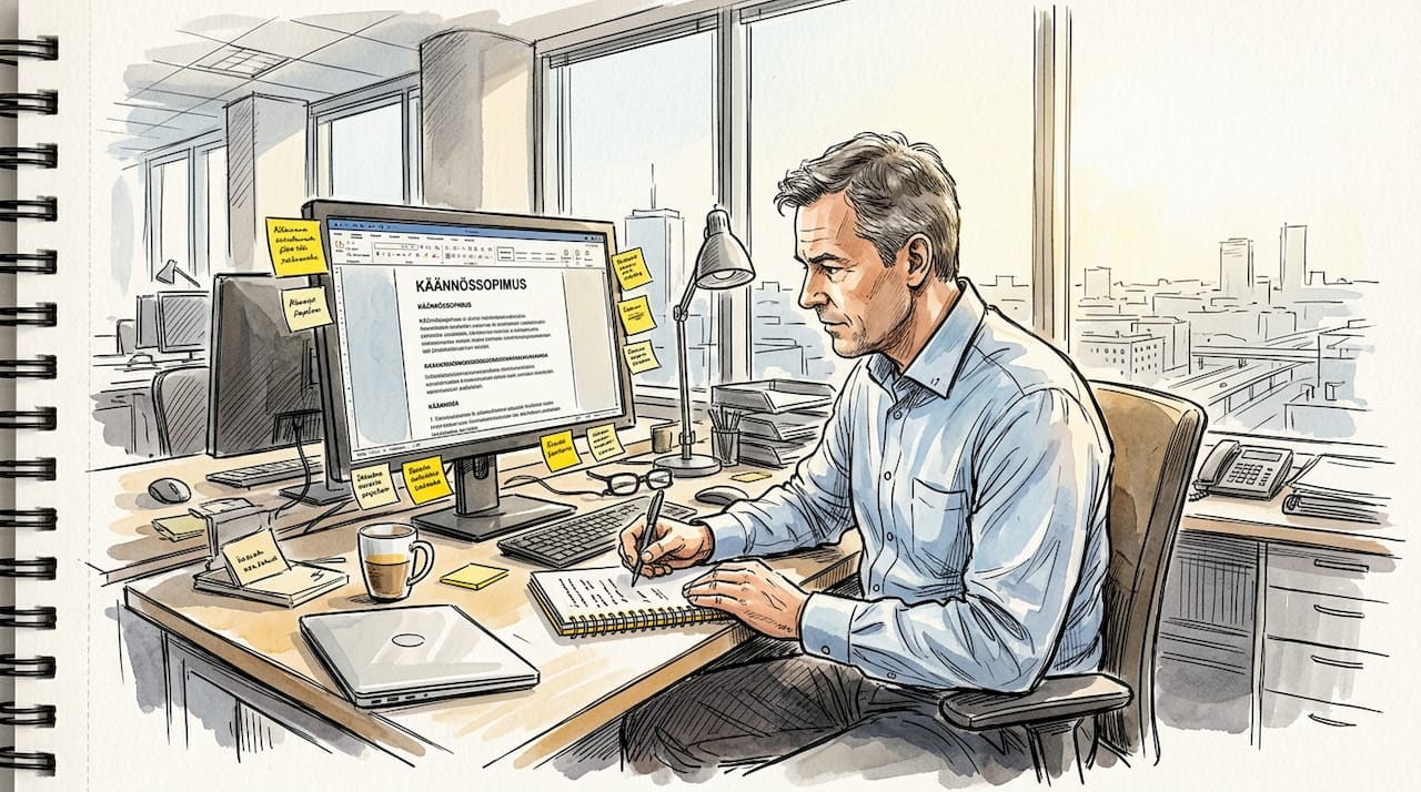 Toimitusjohtaja käy toimistolla läpi käännössopimusta.