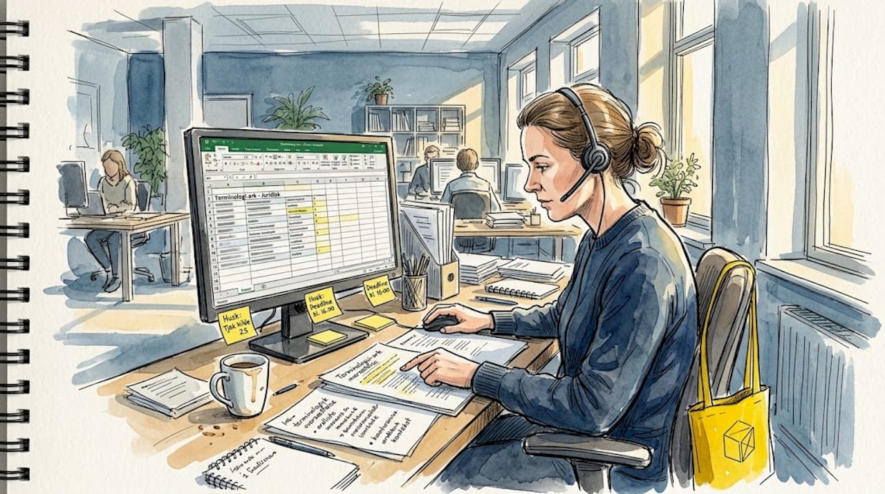 En oversætter sidder ved computeren og arbejder med Excel-ark.