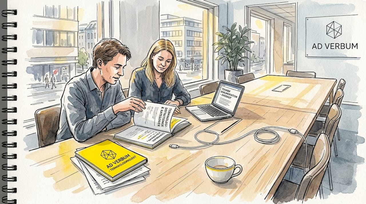 To medarbejdere sidder sammen til et projektmøde med deres notesbøger foran sig.